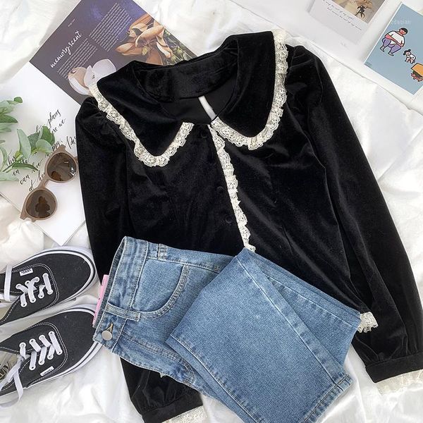 

retro black velvet stitching lace sweet doll collar slim shirt women's blouses & shirts, White