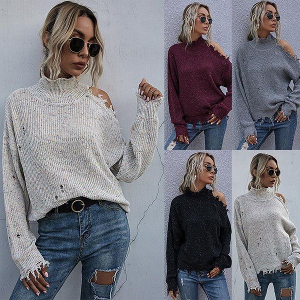 

women's t-shirt europe and the united states loose open shoulder hole long sleeve high neck autumn knitted sweater women 2021 fall burs, White