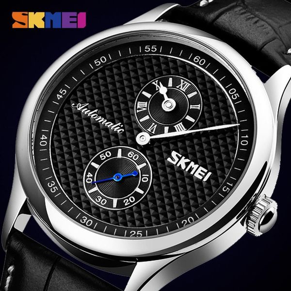 SKMEI Simples Dial Hollow relógios para homens negócios Casual Mecânica Mecânica Mens relógios de Pulso de Couro Montre Homme 9238 Q0524