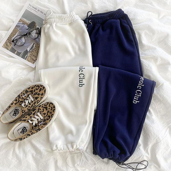 

women's pants & capris 2 colors 2021 autumn letter high elastic waist straight trousers female velvet thich warm casual sweatpants (f45, Black;white
