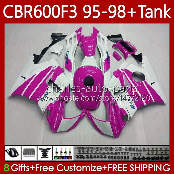 Kit de corpo para Honda Bodywork CBR600F3 600cc 600FS 64NO.206 CBR 600 600F3 95-98 CBR600 F3 FS CC 97 98 95 96 CBR600FS CBR600-F3 1997 1998 1995 1996 Fairing Branco Rosa + Tanque