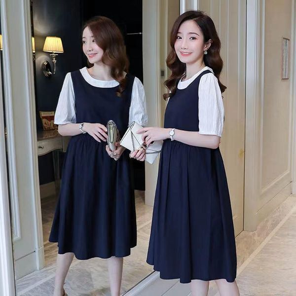

maternity dresses dress korean summer female french long skirt puff sleeve fashion loose fake two-piece, White