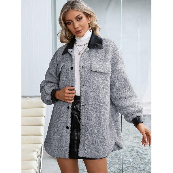 

women's trench coats shin little teddy cardigan woman coat long sleeve lapel pplush pu single-breasted cortavientos mujer winter 2021, Tan;black