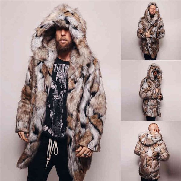 Moda Uomo Caldo Leopardo Cappotto con cappuccio spesso Cappotto in pelliccia sintetica Capispalla Cappotto Uomo Caldo Leopardo Cappotto con cappuccio spesso Capispalla 211213