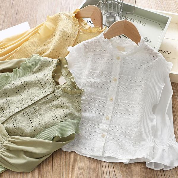

shirts girls spring empty solid-color lace-neck sleeve casual horn long shirt fashion cotton kids blouse, White;black