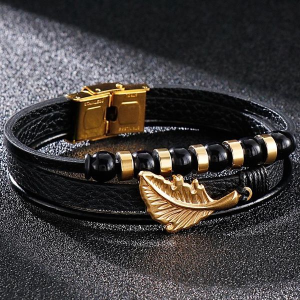 

tennis stainless steel charm men's leather bracelet golden leaf beads handmade braided mutilayer bangle punk rock homme armband jewelry, Golden;silver