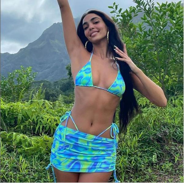 

one-piece suits women swimsuit 2021 tie dye print two pieces bikini set push up bandage swimwear halter with skirt summer bathing