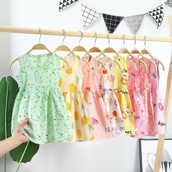 

summer 6 style childrens party girl dress clothing cotton silk sleeveless cute cartoon princess vestidos girls birthday, Red;yellow