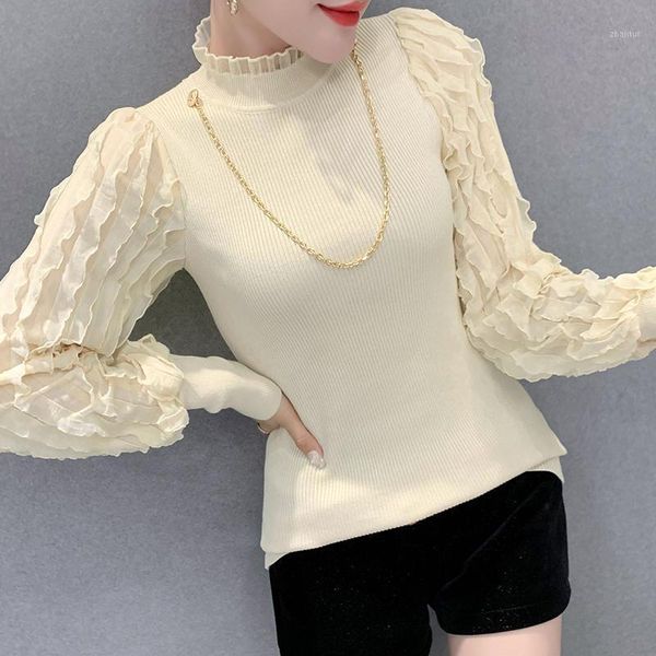 

#6262 spring autumn beige black knitted sweater women lantern sleeved spliced lace tight turtleneck pullovers slim women's sweaters, White;black