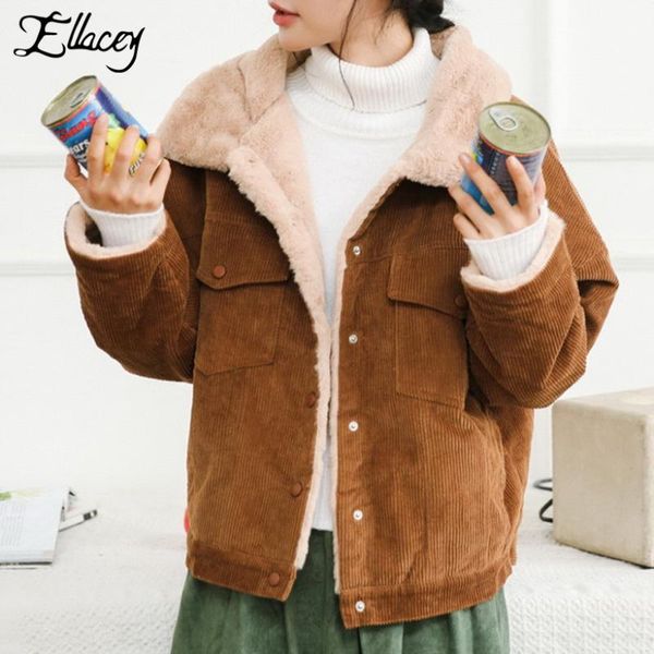 

women's jackets ellacey 2021 winter corduroy jacket with pockets cotton parkas women fashion velvet thickening coat harajuku female, Black;brown