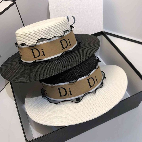 

summer lace flat straw beach shade big brim sun hat color matching mesh outdoor hat children, Black;white