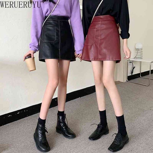 

werueruyu retro women's autumn solid color high waist slimming matte simple pu leather skirt 210608, Black