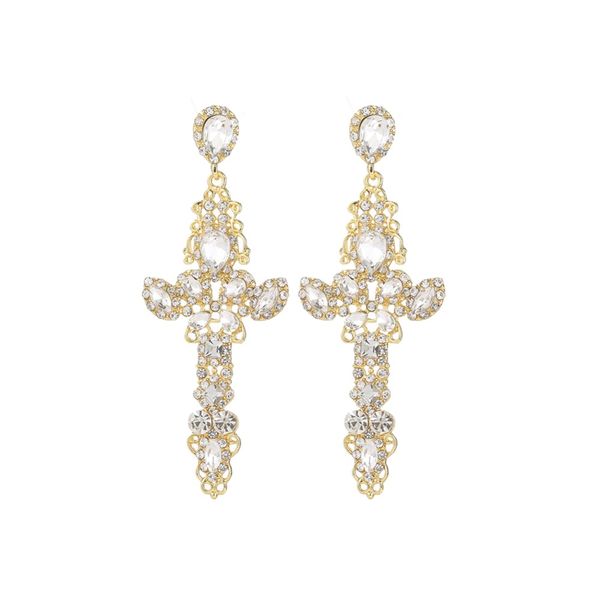 

luxury cross drop earrings jewelry baroque bohemian gold color cross chandelier crystal earrings for women, Silver