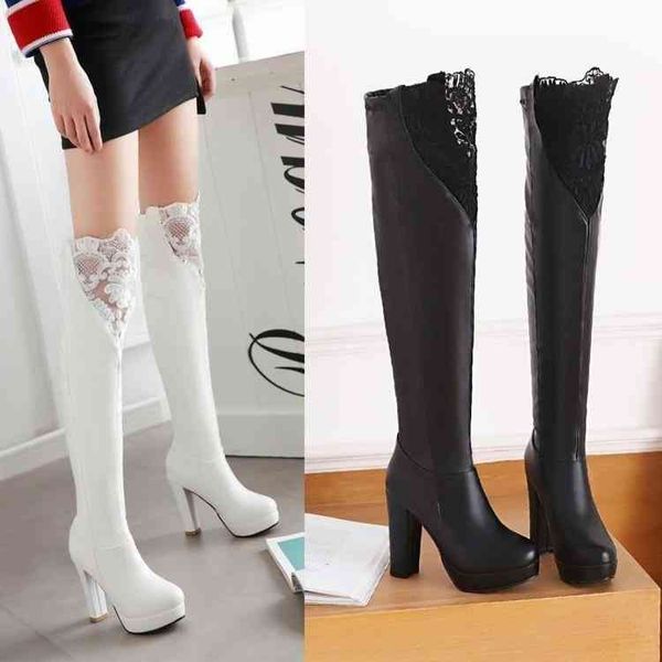 

boots primavera e no outono rendas salto alto botas de joelho elÃ¡stico grosso soled knight sapatos femininos ri9x, Black