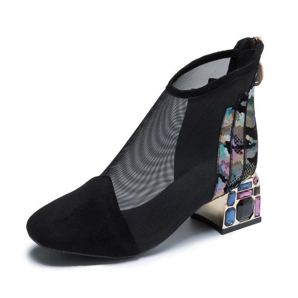 

boots summer fashion shoes women ankle rhinestone thick heel mesh short boot square comfort lady crystal black white