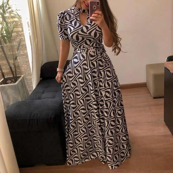

vintage floral print short sleeve long dress summer casual slim women elegant belt bodycon party robe maxi vestidos plus size, Black;gray