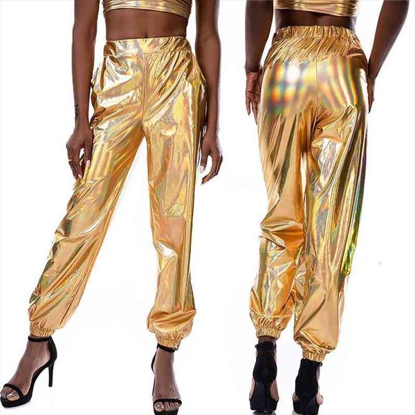 

women smoothy reflective women high waist metallic shiny jogger casual holographic color fashion streetwear pants, Black;white