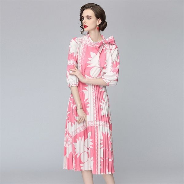 

runway design women 2 piece set spring fashion pink print bow chic shirt + high waist pleated midi skirts suit female 210519, White
