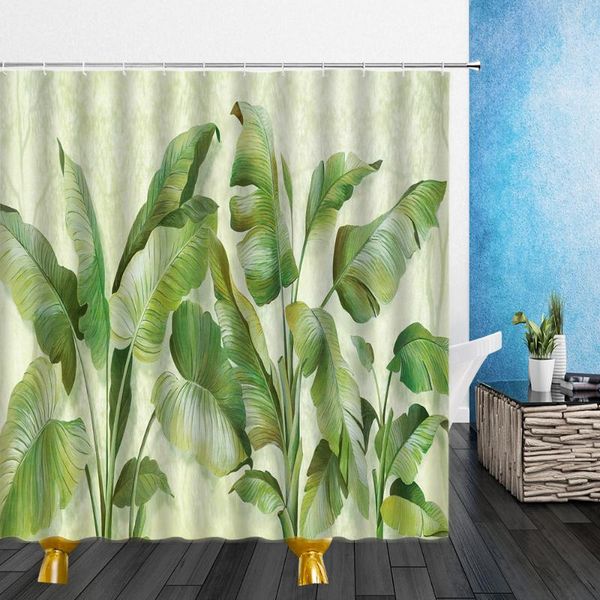 

green tropical plant shower curtains spring leaves bathroom decor waterproof bath curtain 3d printing polyester cloth with hooks
