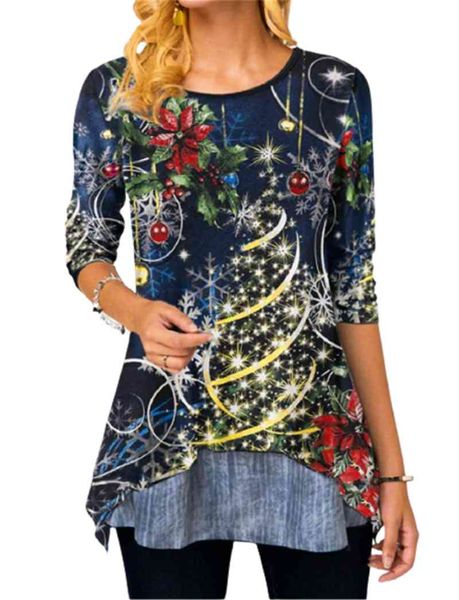 

women's long sve christmas tree printed ftival round neck t-shirt, autumn and winter casual wear, White