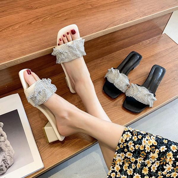 

slippers shoes women female luxury slides square heel jelly flip flops flip-flops med soft 2021 designer block glitter hawaiian, Black