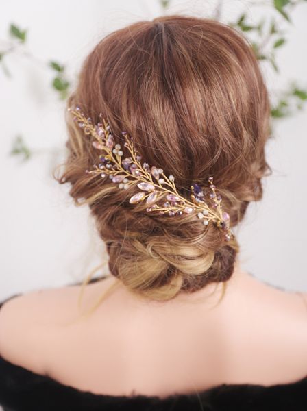 

Crystal Wedding Purple Rhinestones Pink Crystals Gold Headband Hair Vine Gold Bridal Headpiece Flower Hair Accessories for Brid