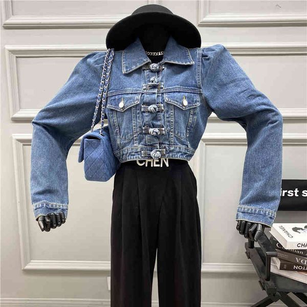 

retro button niche design denim jacket 2021 spring trend lapel coat, Tan;black