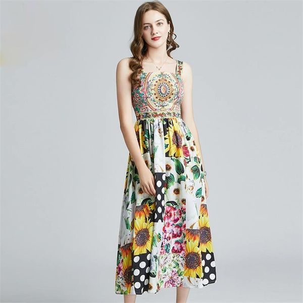 

fashion runway women's holiday beach dress summer sunflower print chiffon spaghetti strap retro mid sundress 210602, Black;gray