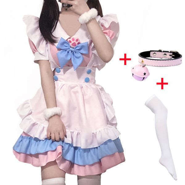 

anime costumes anime maid lolita cosplay costume pink dress cat claw maid bow includes bell collar and white stockings, Black
