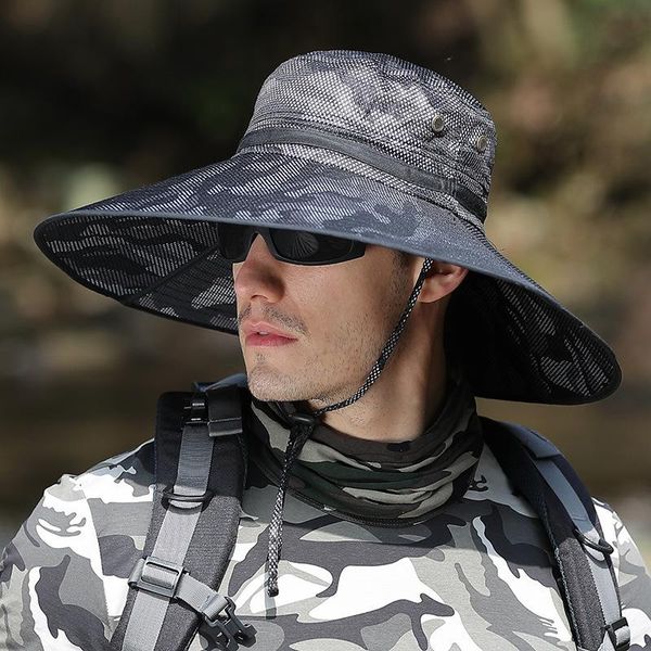 

men's and women's wide-brimmed sun hats side buckle chin rope fishing hiking hat outdoor protection camouflage hunting, Black;white