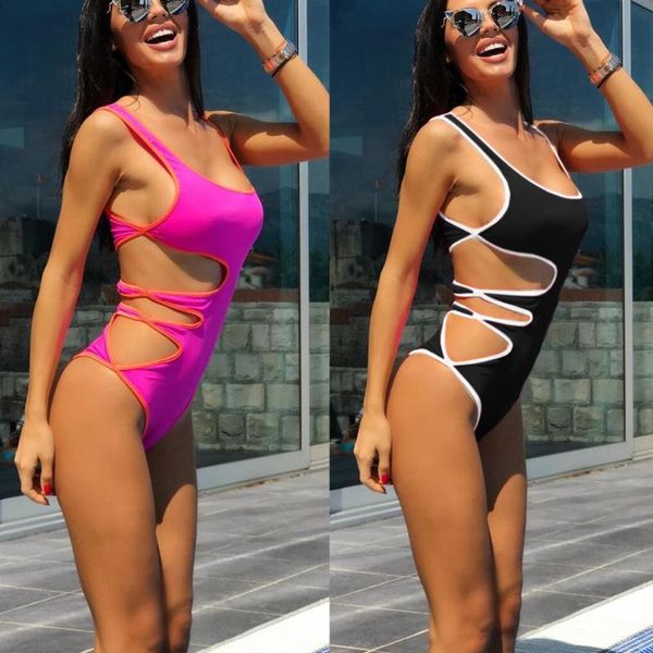 

hollow one piece swimwear solid bikini swimsuit women female edging color swimming suit pierced bikinis bathing one-piece suits