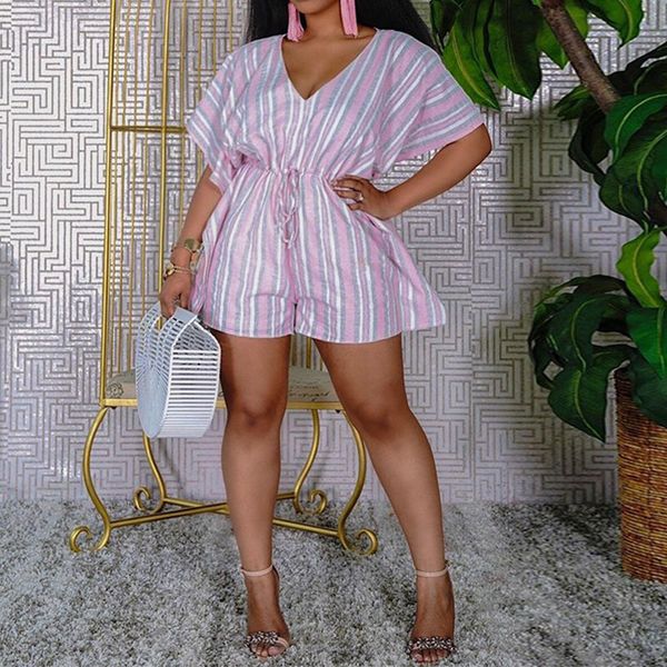 

short sleeve v neck striped playsuit drawstring lace up rompers 210521, Black;white