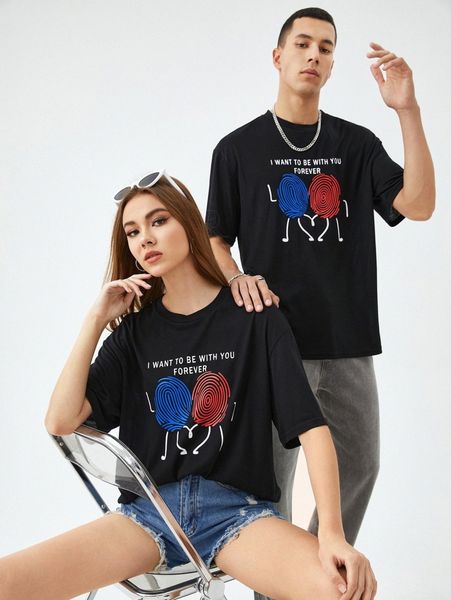 

1pc slogan & cartoon graphic drop shoulder tee o0ru#, White;black