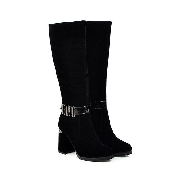 

boots fanyuan 2021 women winter knee high zipper square heel tall flock round toe shoes lady autumn, Black
