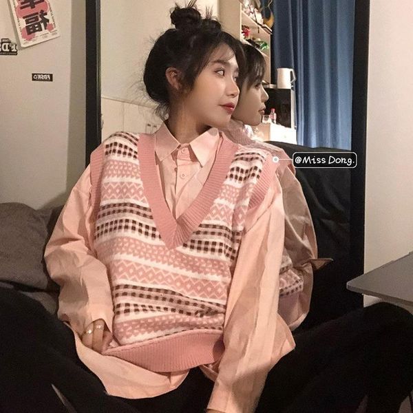 

women's vests women knitted sweater vest 2022 korean style vintage striped pattern sleeveless pullover jumper tank waistcoat x253, Black;white