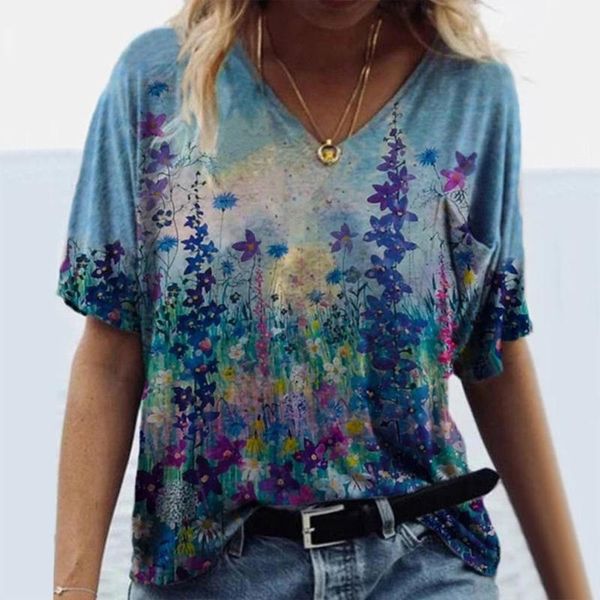 

women's t-shirt 40#plus size t shirts women short sleeve floral printed v-neck tee summer harajuku elegant casual, White