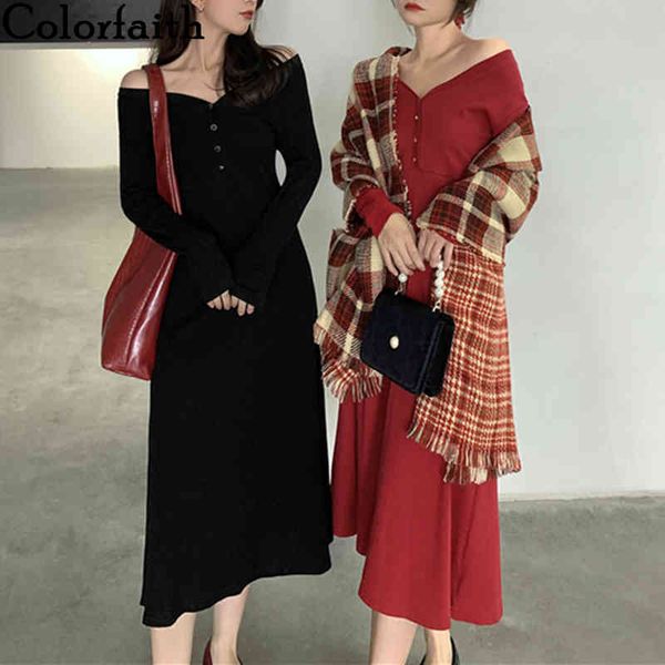 

colorfaith new women's spring autumn dresses off shoulder fashionable korean style elegant vintage red long dress dr30111 210413, Black;gray