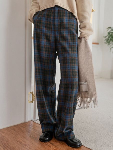 

dazy-less plaid print slant pocket wool-mix pants x4do#, Black;white