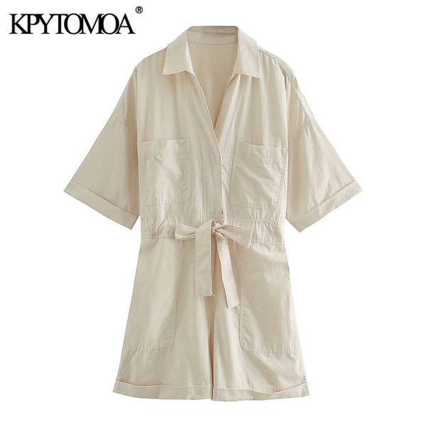 

women chic fashion with pockets loose playsuits vintage adjustable tied back elastic female short jumpsuits mujer 210416, Black;white