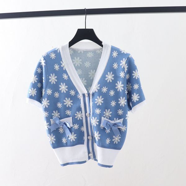 

t shirt sweet flower short sleeve sweater 2021 south korea dongdamen spring and summer contrast v-neck floral cardigan coat, White