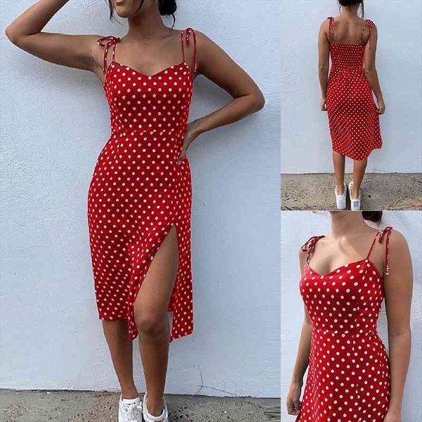 

spaghetti strap lace up womens dresses polka dot split hem backless summer streetwear dress, Black;gray