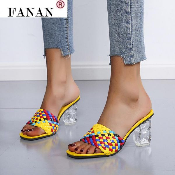 

sandals 2021 summer fashion weave woman slippers square toed thick high heels transparent hollow out crystal heel, Black