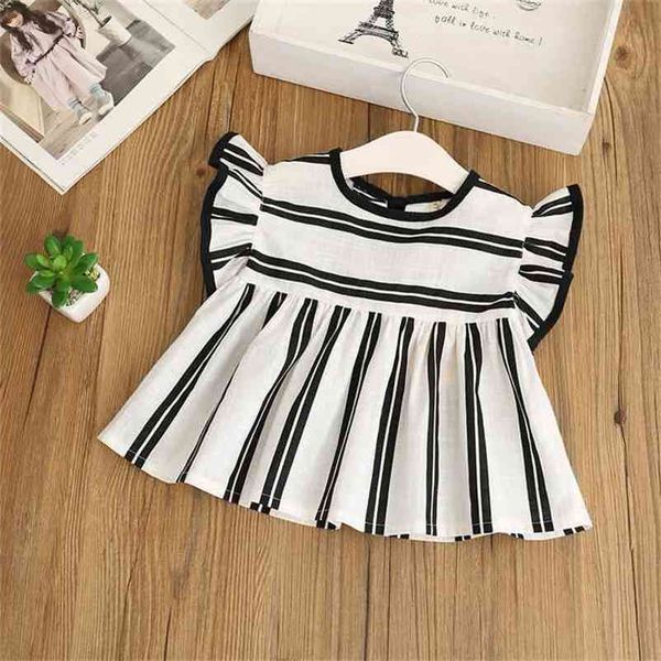 

retail summer girl shirts black white stripe flare sleeve cotton linen loose blouse children clothing 2-8y c35 210610, White;black