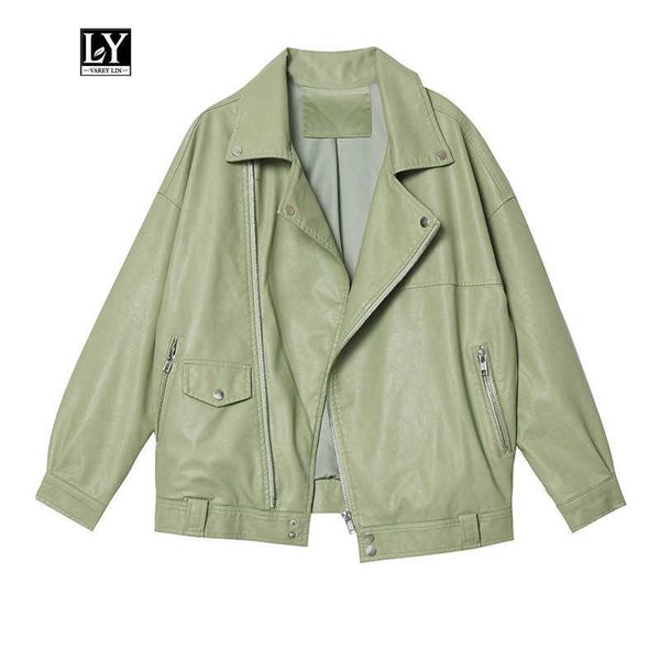 

ly varey lin faux soft leather women loose jacket autumn pu moto biker zipper rivet overcoat female street punk outerwear 210526, Black
