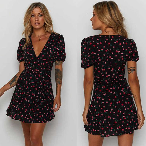 

street summer style women's digital print short sleeve v-neck a-line drs, Black