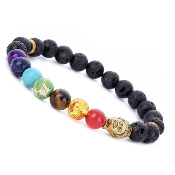 

beaded, strands 8mm seven chakra yoga volcanic rock buddha head bracelet natural stones bangle accessories colored bracelets men's jewe, Black