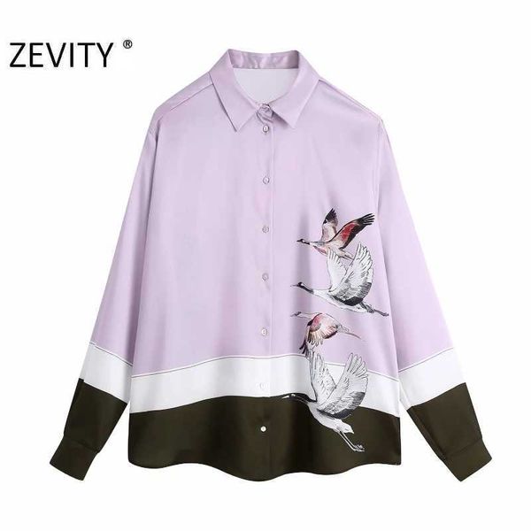 Zevity Donna Vintage Crane Stampa Abbinamento colori Casual Grembiule Camicetta Office Lady Colletto rovesciato Camicie Chic Blusas Top LS7270 210603