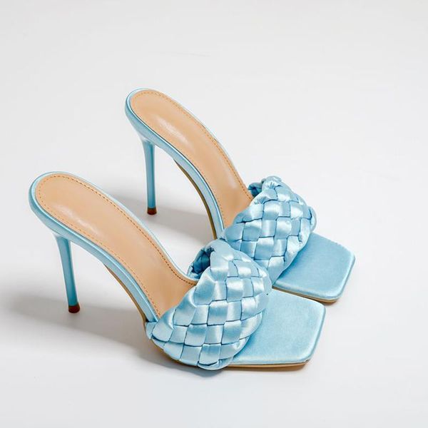 

women weave slippers summer square toe pumps woman thin high heels plus size ladies fashion slides 2021 leisure sandal shoes, Black