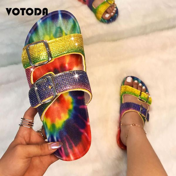 

women rainbow diamond slippers fashion female metal buckle slides bling flip flops ladies casual beach flat shoes outdoor sandal, Black