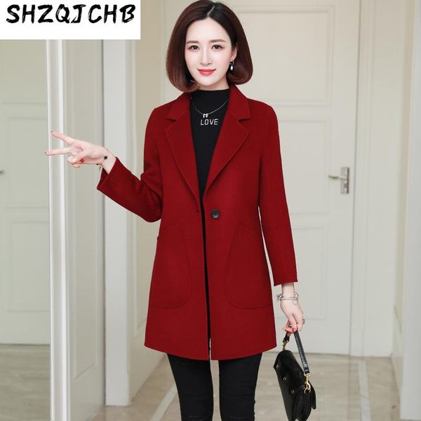 

women's wool & blends shzq 2021 autumn and winter double-sided cashmere coat medium long fabric slim, Black